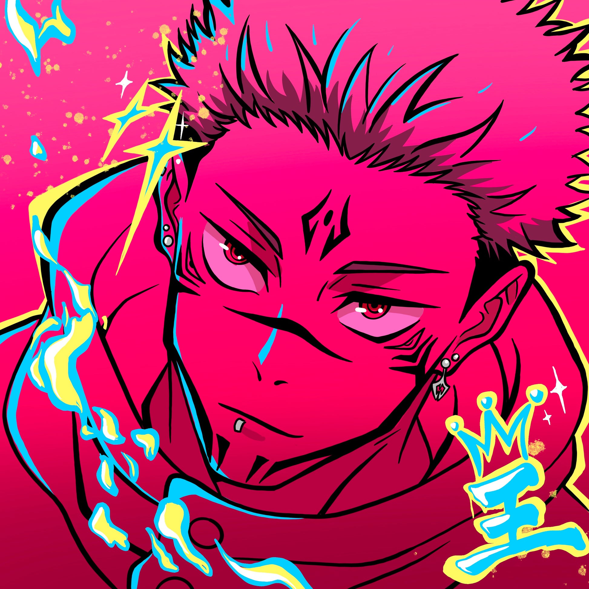 Sukuna on a pink canvas with blue and yellow graffiti elements.